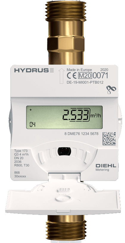 Medidor HYDRUS 2.0 visto de frente, con su pantalla digital, número de serie, código QR y sensor óptico